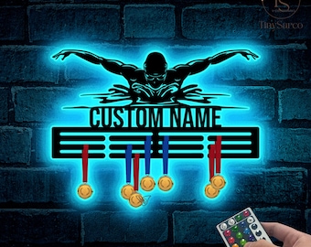 Personalized Butterfly Stroke Swimming Medal Hanger With Led Light Swimmer Medal Holder Display Rack For Award And Ribbon Tiered Award Sport
