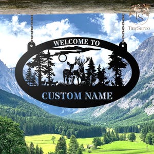 Personalized Oval Deer Metal Cabin Sign, Last Name Deer Monogram Cabin Decor, Custom Family Name Sign, Outdoor Hunting, Deer Hunter Gift