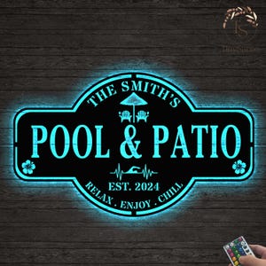 Pool & Patio Metal Sign with Led light Custom, Swimming Pool Decor, Backyard Pool Decor, Family Name Sign Modern Poolside Decor, Lake house