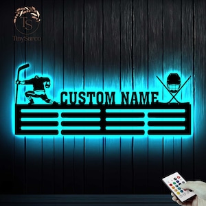 Custom Metal Hockey Medal Hanger Wall Art LED Light, Hockey Player Medal Holder, 12 Rungs for Medals & Ribbons, Medal Display Awards Sign