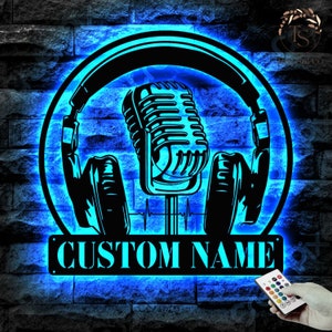 Personalized Microphone Headphones Name Sign LED Light, Custom Music Audio Studio Metal Wall Art, Home Decor Musical Musician Room,Gift Sign