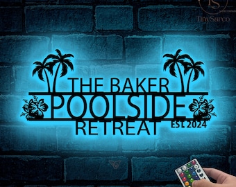 Personalized Hibiscus Pool Sign Metal Wall Led Light, Outdoor Patio Decor, Poolside, Oasis Retreat Pool, Tropical Home Decor, Spring Decor