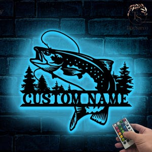 Trout Fishing Metal Wall Art with Led Light Custom, Char Fishing Gifts for Men, Fisher Name Sign, Cabin Decor, Trout Sign Father's Day Gift
