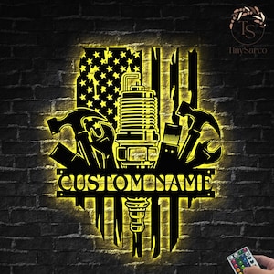 Garage Metal Wall Art LED Light Personalized Custom Workshop Name Sign Home Decor Car Mechanic Repair Decoration Repairman Birthday Xmas