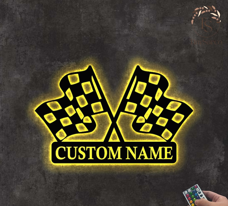 Custom Checkered Flag Racing Sign Led Light, Checkered Flag Monogram ...