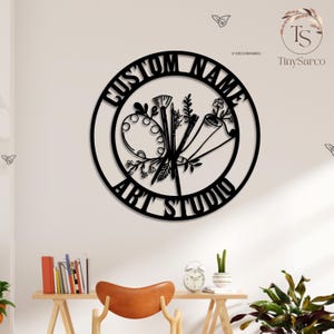 Letrero de estudio de arte personalizado, arte mural de metal para pintar, letrero con nombre de artista, regalo para profesor de arte, letrero de metal con herramientas de artista, letrero de regalo para amantes del dibujo.