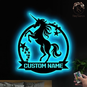 Gepersonaliseerde eenhoorn metalen muur kunst led-verlichting aangepaste eenhoorn minnaar naambord woondecoratie kind meisje kinderkamer decoratie kerst verjaardagscadeau