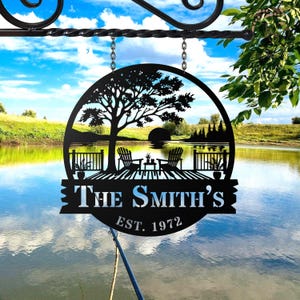 Tree Chairs Dock on Lake House Scene Sunset sign Personalized Metal Monogram, Wedding Gift. Family, Outdoor Name Sign, Last Name, Front Door