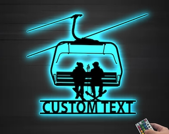 Gepersonaliseerd ledbord skilift, aangepaste kunst aan de muur skipaar, wintersportdecor, skihutcadeau, jubileumcadeau voor skiër, wintersportcadeau