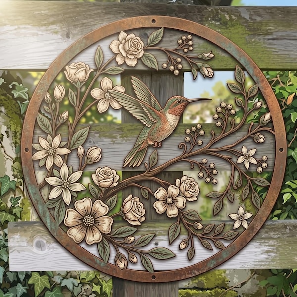Art mural colibri, décoration florale en métal, enseigne suspendue jardin nature, cadeau rustique pour amateur d'oiseaux, plaque murale extérieure de ferme