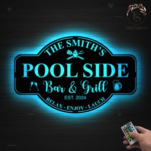 Personalized Family PoolSide Bar and Grill Metal Sign LED, Pool and Bar, Tiki Bar, Bar and Grill, Pool Oasis, Custom Lake Sign for Pool Bar