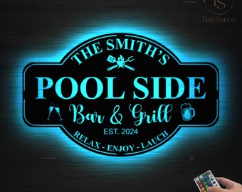 Personalizado familiar PoolSide Bar y Grill Metal Sign LED, Pool and Bar, Tiki Bar, Bar and Grill, Pool Oasis, Custom Lake Sign para Pool Bar