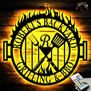 Personalisierte Grillen Metallschild LED, individuelles Barbeque-Schild, Hinterhof-Grill, Metall-Grillraucher, Outdoor-Schild, Küchendekoration, Geschenk für Papa