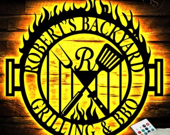 Personalized Grilling Metal Sign LED, Custom Name Barbeque Sign, Backyard Grill, Metal BBQ Smoker, Outdoor Sign, Kitchen Decor, Gift for Dad