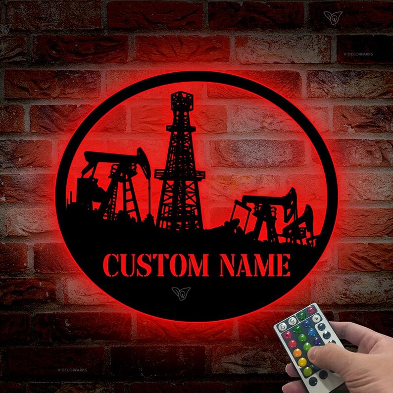 Personalized Oil Field Hanger Metal Wall Art LED Lights, Custom Oil Rig ...