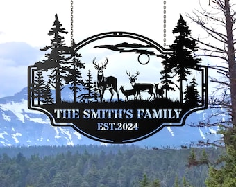 Last Name Signs for Home, Deer Forest Metal Name Signs Custom, Deer Hunter Sign,Personalized Metal Outdoor Signs,Metal Camping Sign Dad Gift