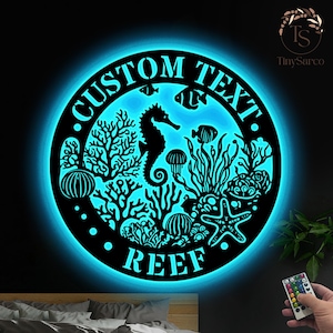Decorazione da parete in metallo con luce a LED personalizzata per acquario e barriera corallina, cartello con nome di barriera corallina personalizzato, decorazione per la casa, barriera corallina per arredamento e regali, regali per gli amanti della barriera corallina