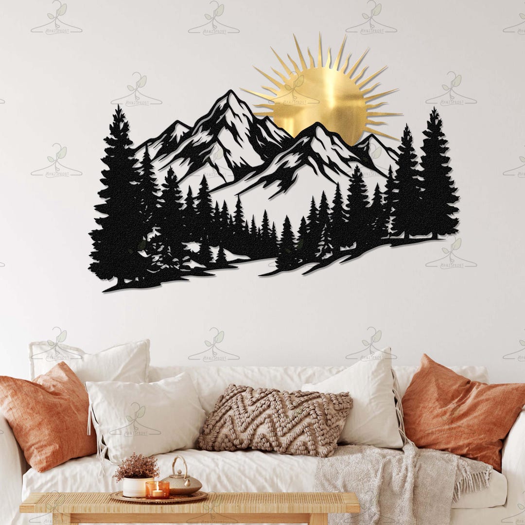 Mountain Metal Wall Art, Modern Nature Wall Decor, Forest Landscape ...