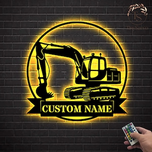 Personalized Excavator Driver Metal Wall Art LED Light Custom Excavator Name Sign Home Decor Construction Decoration Birthday Xmas Dad Gift