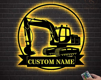 Personalized Excavator Driver Metal Wall Art LED Light Custom Excavator Name Sign Home Decor Construction Decoration Birthday Xmas Dad Gift