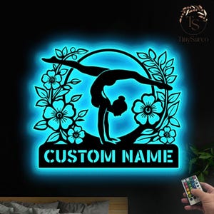 Personalized Female Gymnastics Metal Wall Art with LED Lights - Custom Girl Gymnast Name Sign Home Decoration - Ideal for Home Decor & Gift