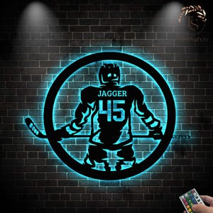 Enseigne en métal de hockey LED personnalisée, enseigne de hockey, signe de nom de joueur de hockey, signe d&#39;homme des cavernes, décoration de salle de jeux, cadeau pour amateur de hockey, cadeau numéro de hockey