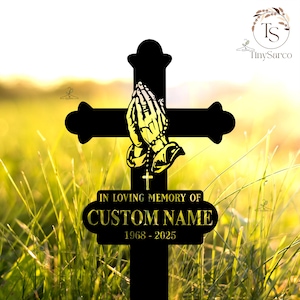 Custom Cross With Praying Pand Memorial Stake Metal, Dad Loss, Mom Loss, Religion Metal Stake, Sympathy Sign, Grave Marker,Remembrance Stake