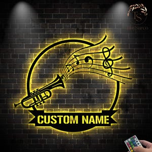 Custom Trumpet Musical Instrument Metal Wall Art LED Light, Personalized Trumpet Player Name Sign Home Decor, Trumpet for Home Decor & Gift