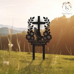Personalized Cross With Praying Hand Memorial Metal, Floral Cross Memorial Plaque with Stake, Sympathy Sign, Grave Marker, Remembrance Stake