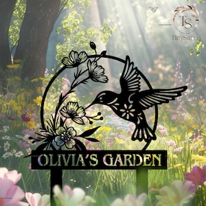 Personalized Hummingbird Metal Garden Decor, Bird with Stakes Garden Sign,Flower Design Custom Garden Sign,Custom Garden Name Sign,Home Gift