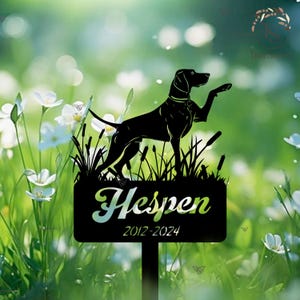 Może przedstawiać: Czarny metalowy palik ogrodowy z sylwetką psa z podniesioną łapą. Palik zawiera imię "Hesper" i lata "2012-2024" w ozdobnej czcionce, na tle trawy i kwiatów.