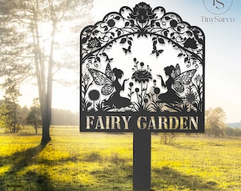 Letrero metálico de hadas para jardín personalizado, estaca de hadas, arte de hadas de metal, letrero de jardín personalizado, decoración de jardín exterior, regalo para jardineros.