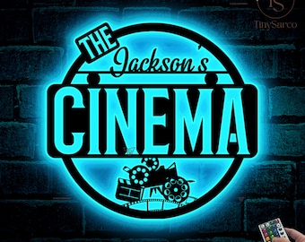 Personalized Family Name Cinema Metal Sign LED Light, Home Theater Wall Art Housewarming Gift,  Door Hanger, Wedding Gift, Theatre Sign Gift