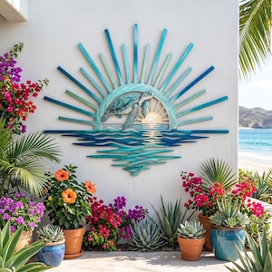 Decoración de pared con tortuga costera, adorno artístico de metal para colgar, escultura náutica de playa, arte de pared oceánico, acento para el hogar junto al mar, regalo de vida marina