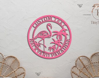 Custom Tropical Flamingo Metal Sign Wall Art - Personalized Wording or Address Marker for the Home, Bar Lounge or Family Patio Decoration