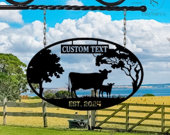 Personalisierte Kuh Oval Farm Zeichen | Benutzerdefinierte Metall Ranch Name Schild |Kuh und Kalb Outdoor Schild | Milchviehbetrieb Zeichen | Kuh-Dekor-Wand | Bauernhof Geschenkscheune