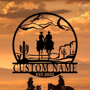 Personalisierte Cowboy Cowgirl Paar Reitpferd, benutzerdefinierte Cowboy und Cowgirl Paar Zeichen, Paar Metall Wandkunst, Geschenk für Paar, Jubiläumsgeschenk