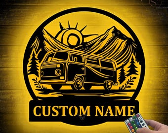 Bus Camping Car Metall Wand Kunst LED-Licht personalisierte benutzerdefinierte Hippie Bus Van Namen Schild Home Decor Cabin Fahrzeuge Camping Glücklich Camper Van