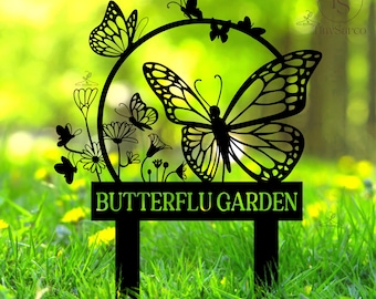 Custom Butterfly Garden Sign, Butterfly Metal Garden Stake,Metal Yard Art,Garden Decor, Personalized Gardener Name Sign,Butterfly Garden Art