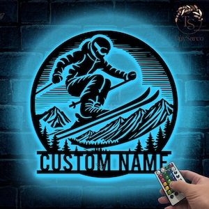 Snow Skiing Winter Sport Metal Wall Art LED Light Personalized Custom Alpine Downhill Skier Name Sign Home Decor Snow Ski Decoration Xmas