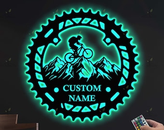Decoración de bicicleta para el hogar, decoración de ciclista, idea de regalo de ciclismo, decoración de bicicleta de montaña LED personalizada, regalo de ciclista hecho a mano, arte de pared de bicicleta de metal
