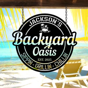 Custom Family Name Patio Decor, Personalized Backyard Oasis Sign, Pool Bar Gift, Tropical Porch Wall Art,  Tiki Bar Sign, Beach House Decor
