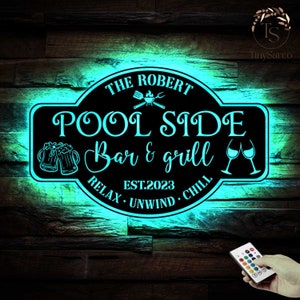 PoolSide Bar and Grill Sign LED Light, Bar and Grill Metal Wall Decor, Personalized Metal Family, Tiki Bar Sign,Pool Oasis,Sign for Pool Bar