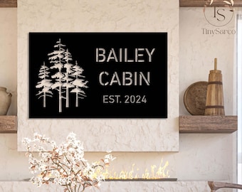 Placa de nome de cabana de metal personalizada, placas de metal personalizadas com pinheiros, presente personalizado, placa de nome de família, presentes de fazenda, placa de casa na montanha