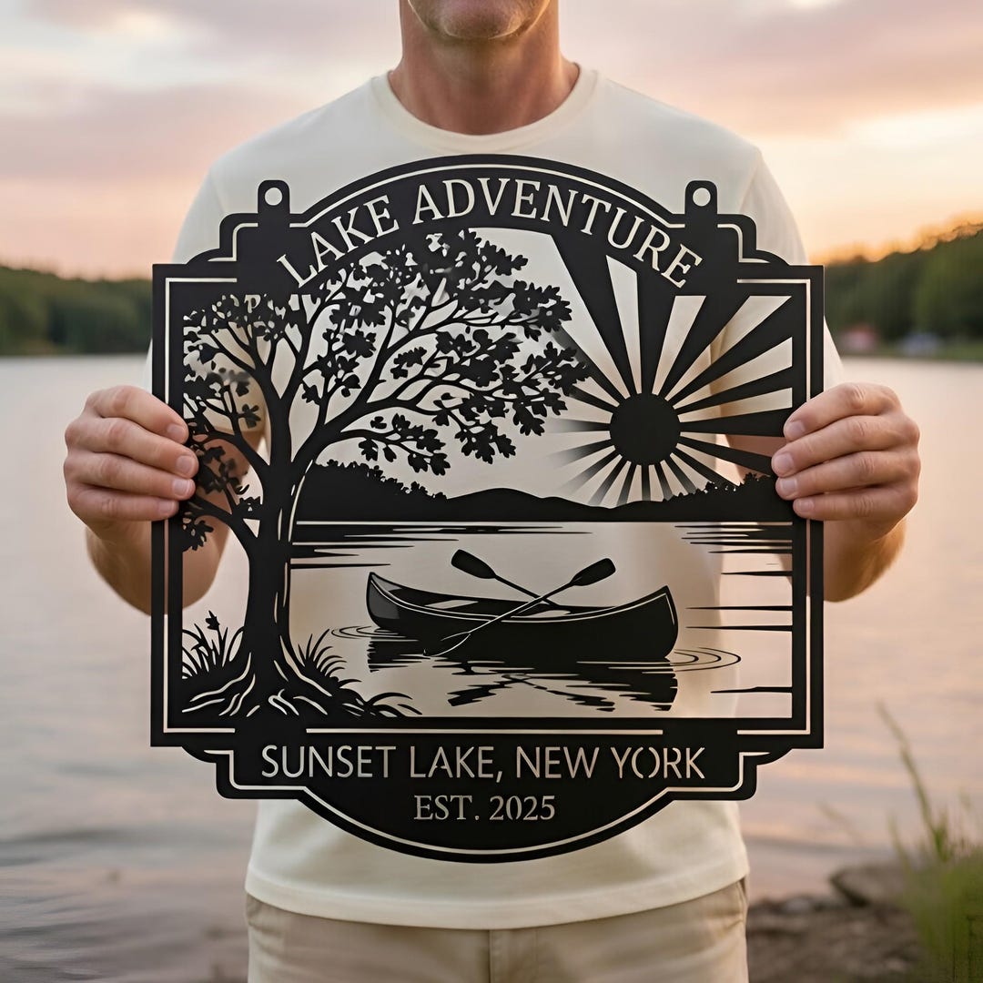 Custom Lake House Metal Sign, Personalized Sunset Lake Adventure Decor ...