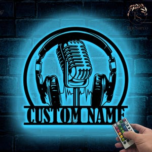 Personalized Music Audio Studio Metal Wall Art LED Lights, Custom Microphone Headphones Name Sign, Home Decoration Musical Musician Room