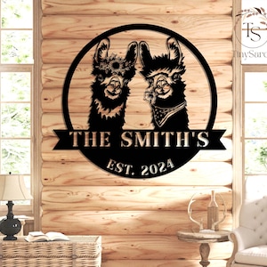 Personalized Cute Couple Alpaca Llama Love Metal Wall Art LED Lights, Custom Funny Camel Lover Name Sign Decor Fall In Love Valentine&#39;s Day