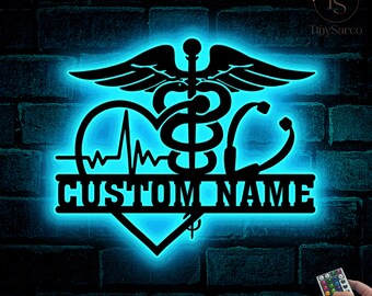 Custom Medical Symbol Caduceus MD Star Nursing Metal Wall Art LED Light RN Doctor Decor Personalized Nurse Hearting Name Sign Decor Gift