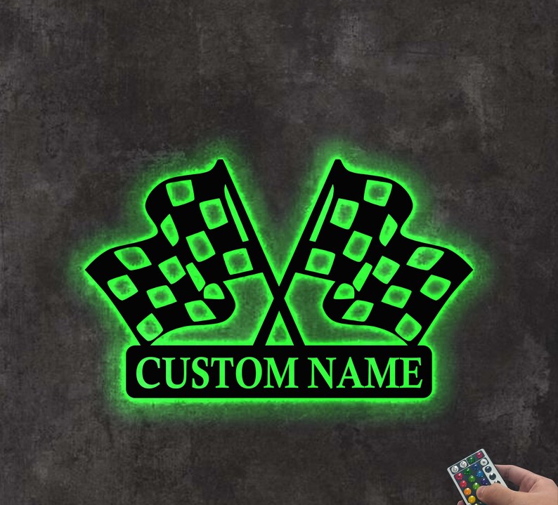 Custom Checkered Flag Racing Sign Led Light, Checkered Flag Monogram ...