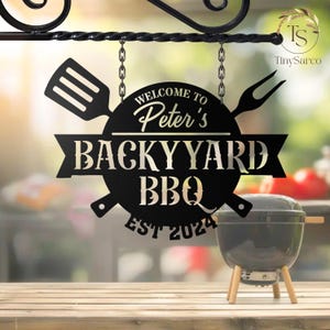 Personalized Backyard BBQ Metal Sign, BBQ Grill Metal Wall Decor, Dad Gifts, Barbecue Sign Outdoor Decoration, Welcome Sign, Patio sign gift